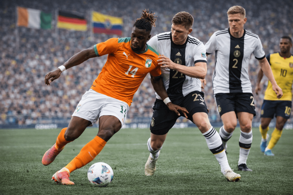 Duel entre un joueur de la Côte d’Ivoire et un joueur de l’Allemagne disputant le ballon lors d’un match du groupe E de la Coupe du Monde 2026, sous le regard d’un adversaire équatorien.