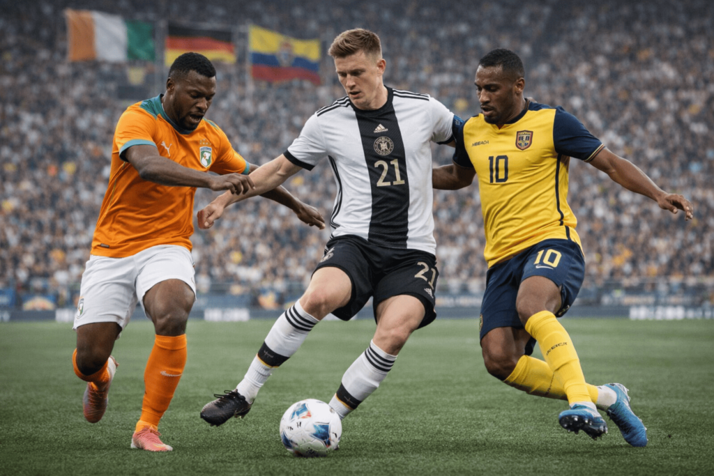 Trois joueurs représentant la Côte d’Ivoire, l’Allemagne et l’Équateur côte à côte sur la pelouse avant un match du groupe E de la Coupe du Monde 2026.