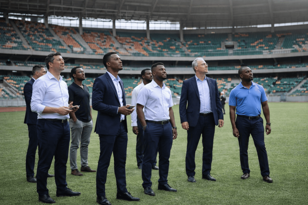 Délégation franco-ivoirienne inspectant la pelouse du stade d’Ebimpé à Abidjan en préparation du Trophée des Champions 2026.