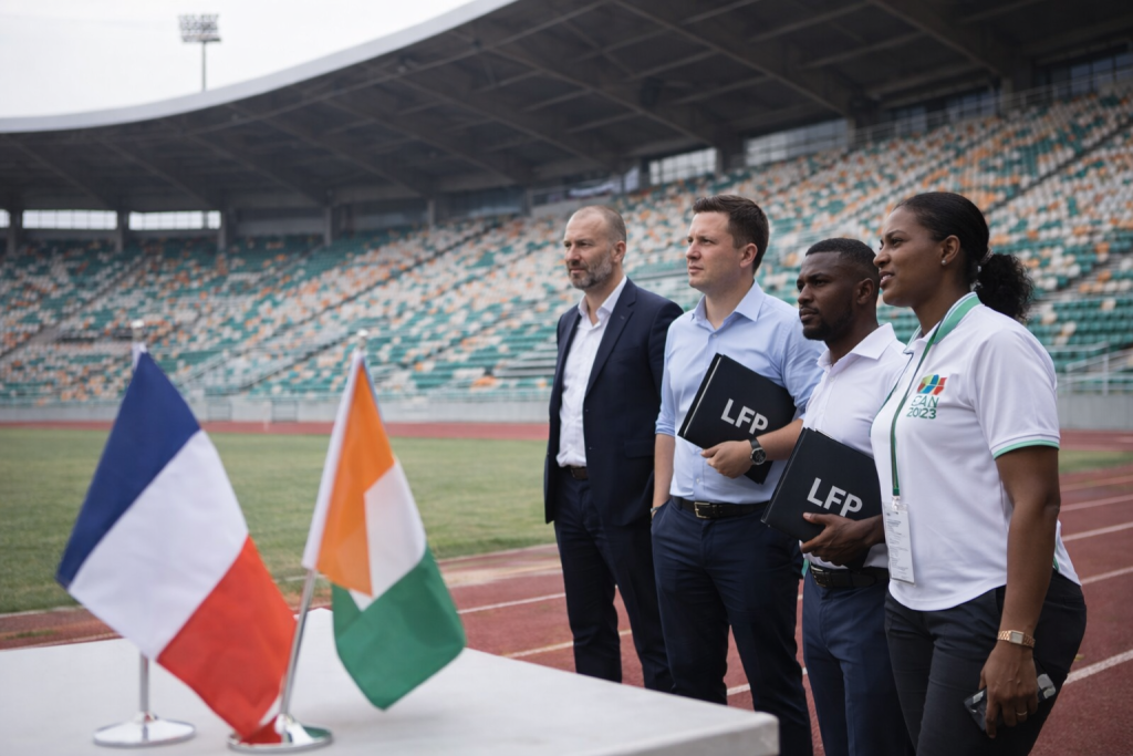  Délégation franco-ivoirienne inspectant le stade Félix Houphouët-Boigny à Abidjan avant le Trophée des Champions 2026
