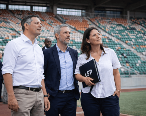 Délégation de la LFP inspectant les infrastructures d’un stade à Abidjan en vue du Trophée des Champions 2026.