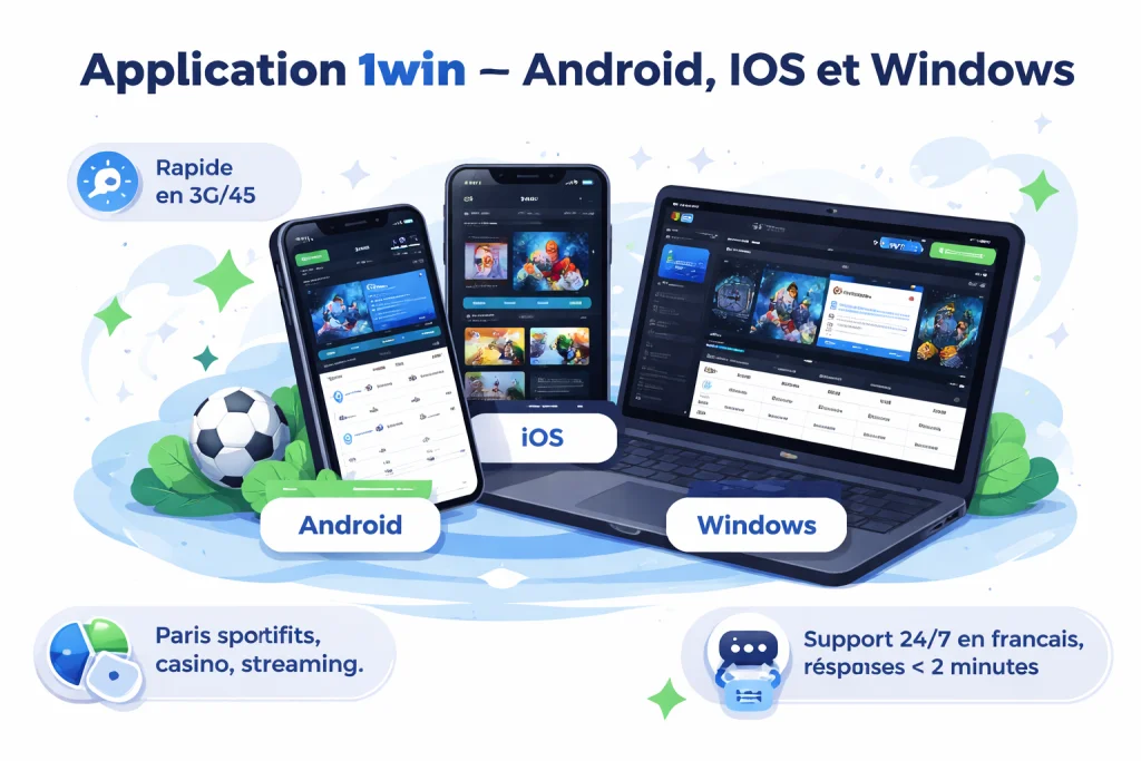 Image présentant l’application 1win sur Android, iOS et Windows avec mentions Rapide en 3G/4G, Paris sportifs, casino, streaming et bulle de chat Support 24/7 en français avec Bot Telegram