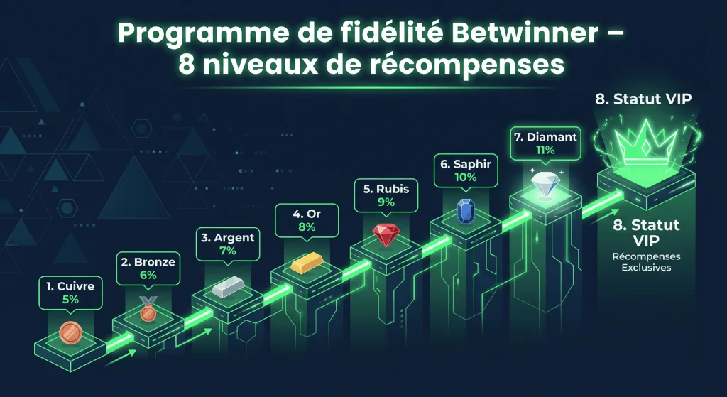 Infographie de la fidélité Betwinner en Côte d’Ivoire montrant les 8 niveaux du Cuivre au Statut VIP avec les pourcentages de cashback réels allant de 5 % à 11 % sur les pertes, et le cashback sur tous les paris pour le niveau VIP