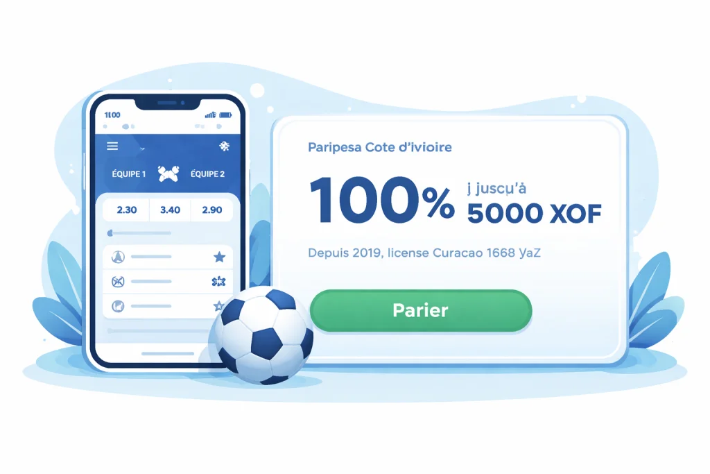 Bannière Paripesa Côte d’Ivoire en blanc et bleu avec un smartphone de paris football et une carte indiquant bonus 100 % jusqu’à 65 000 XOF depuis 2019 avec licence Curaçao 1668/JAZ